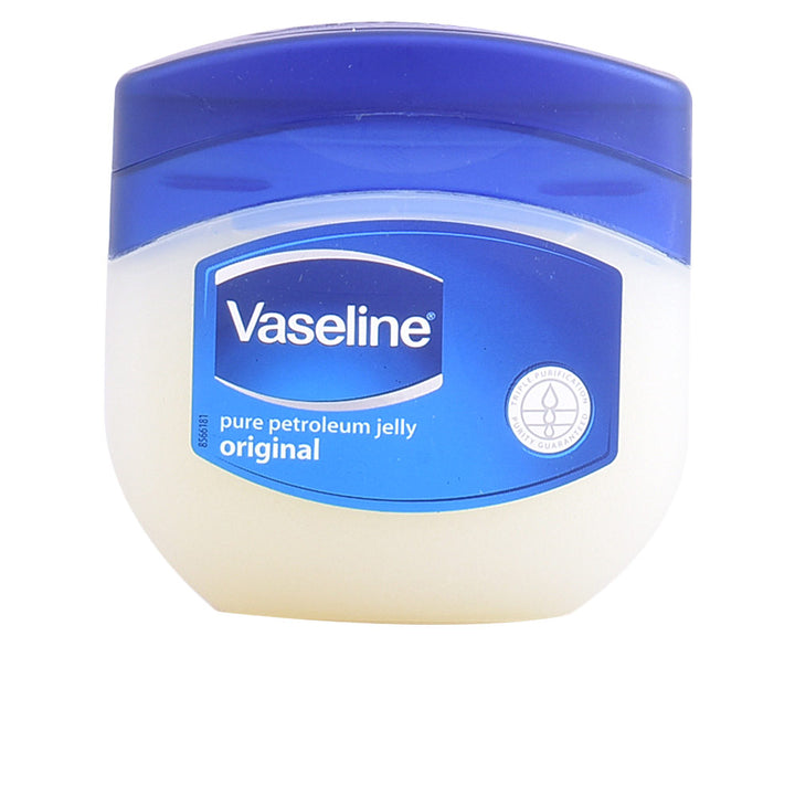 Vaseline plastic jar of petroleum jelly with blue and white oval label and flip-top lid