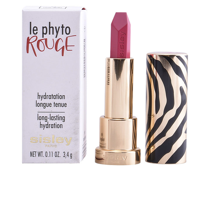 Satin gel lipstick in Rose Delhi, angled bullet, magnetic zebra cap