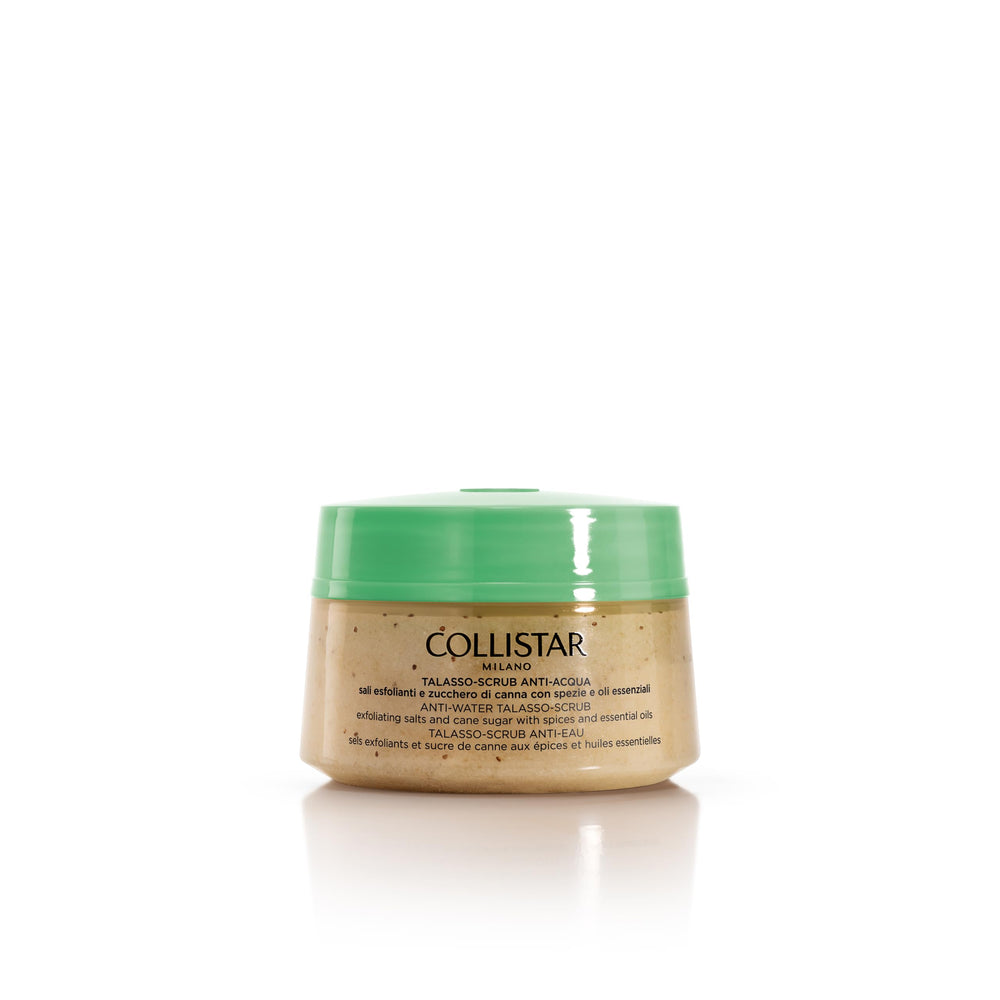 Jar of coarse sea salt scrub with golden oils and herb specks, 300 g