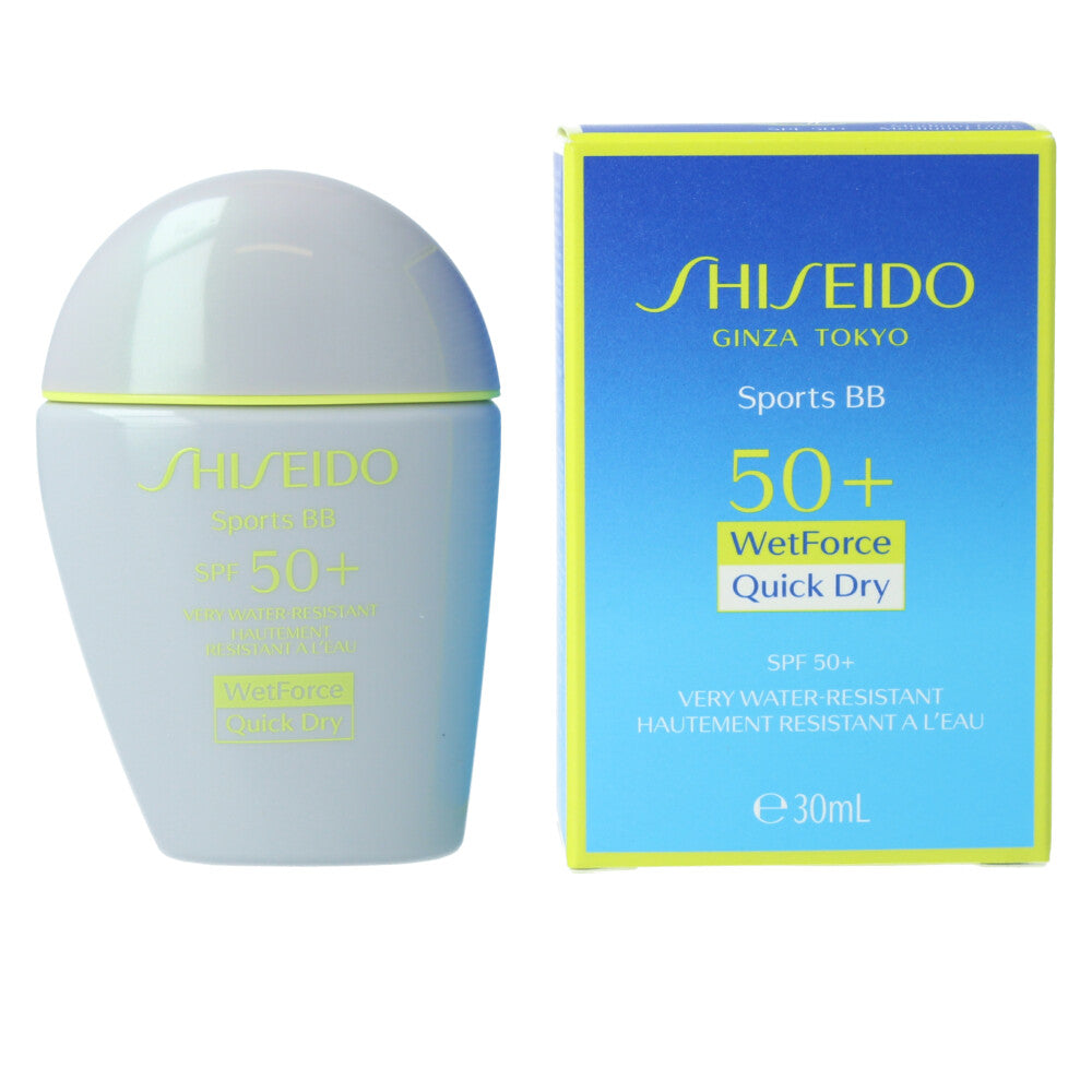 Tinted SPF50+ sports BB cream tube, medium‑dark shade, 30 ml, water‑resistant