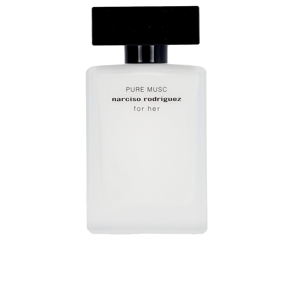 Opaque white 50 ml perfume bottle, minimalist label, floral-woody fragrance