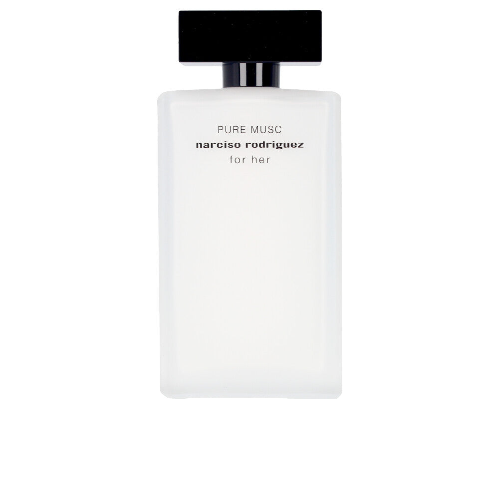 White 100 ml eau de parfum bottle with minimalist black lettering, floral–woody fragrance