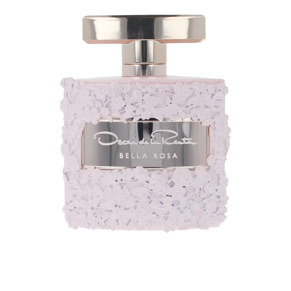 100 ml sculpted perfume bottle with raised pink roses and rose‑gold nameplate