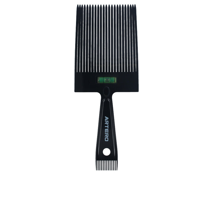 Black precision cutting comb with integrated guide and bubble level, fine and wide teeth