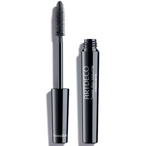 Dual-ended mascara tube with twist mechanism, two distinct brush heads, 8 ml