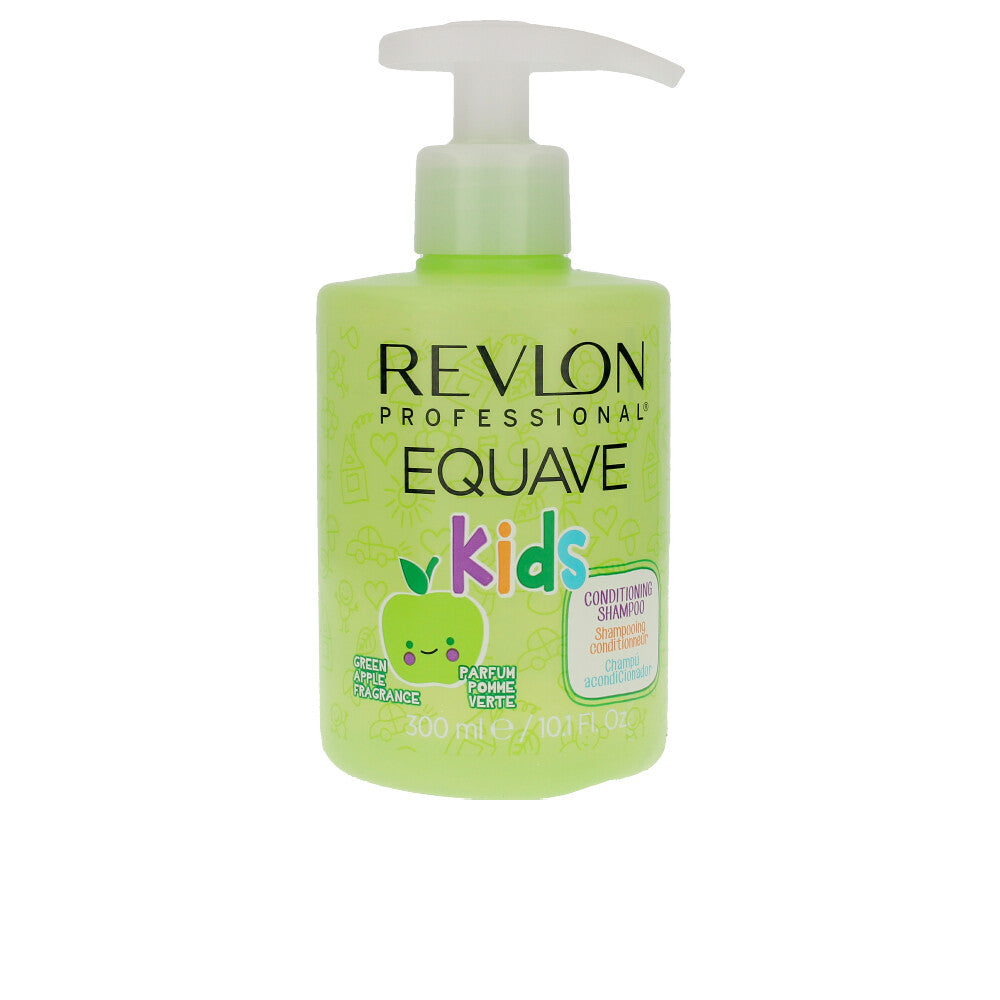 Light green plastic pump bottle with cartoon apple graphic, multicolor text, textured doodle background — Revlon