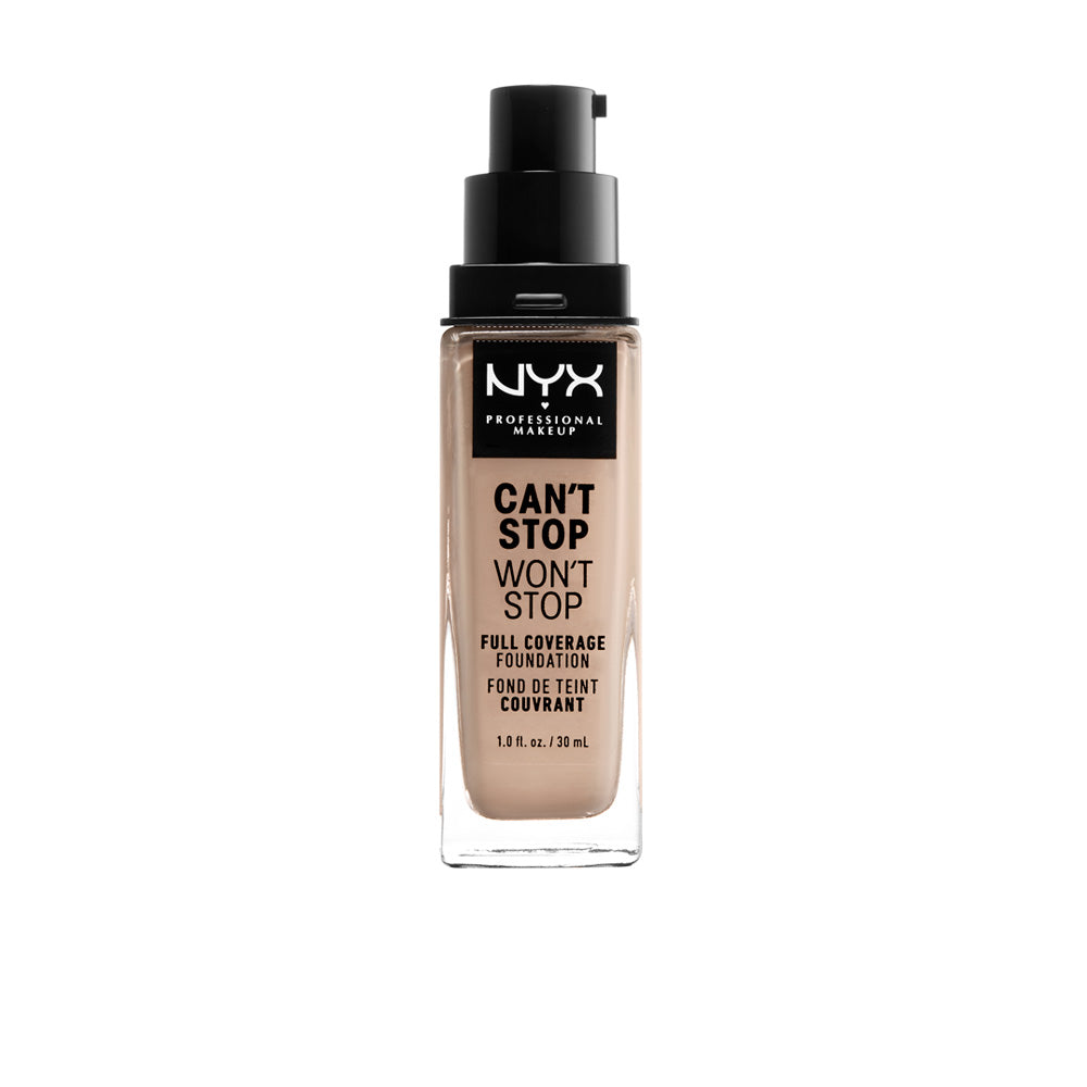 30 ml full‑coverage matte liquid foundation in Porcelain shade, pump bottle