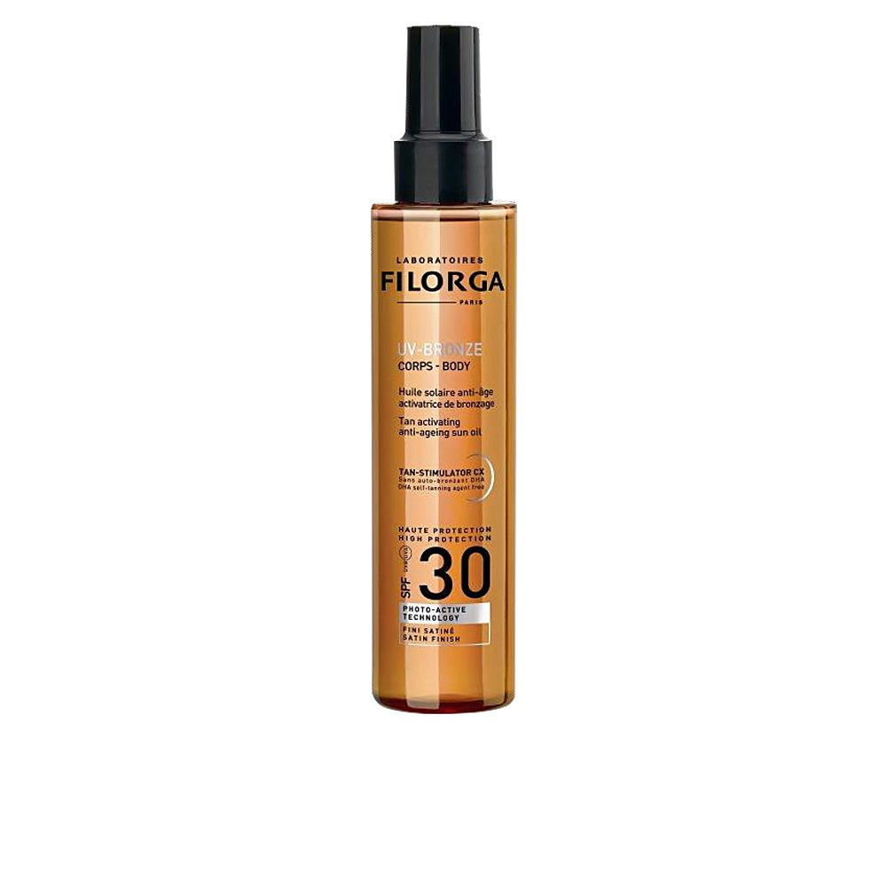Laboratoires Filorga Transparent amber plastic spray bottle with black pump, printed SPF 30 label and front text