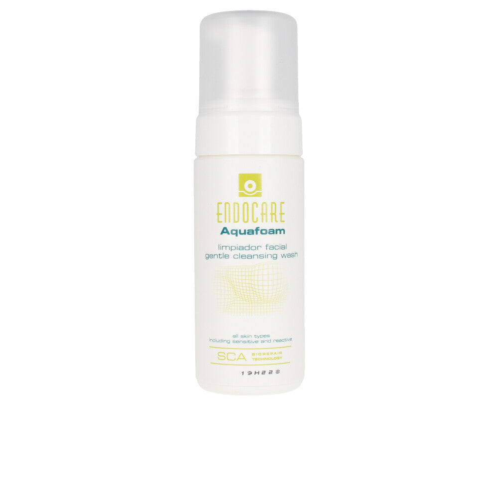 White pump bottle of micellar foam cleanser with soft foam on hand, 125 ml