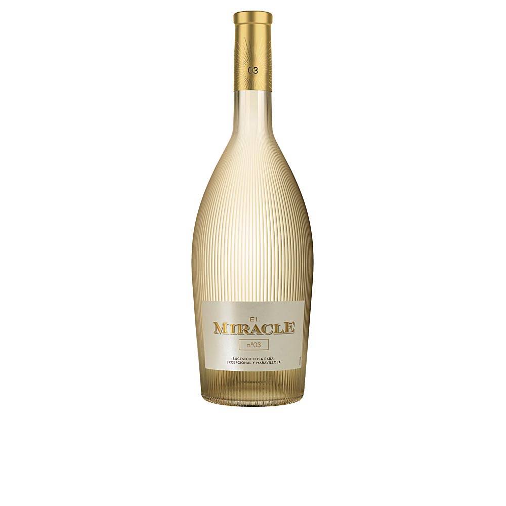 Bodegas Vicente Gandía Gold glass bottle with ribbed texture and foil cap, elegant modern label, straw-yellow wine inside