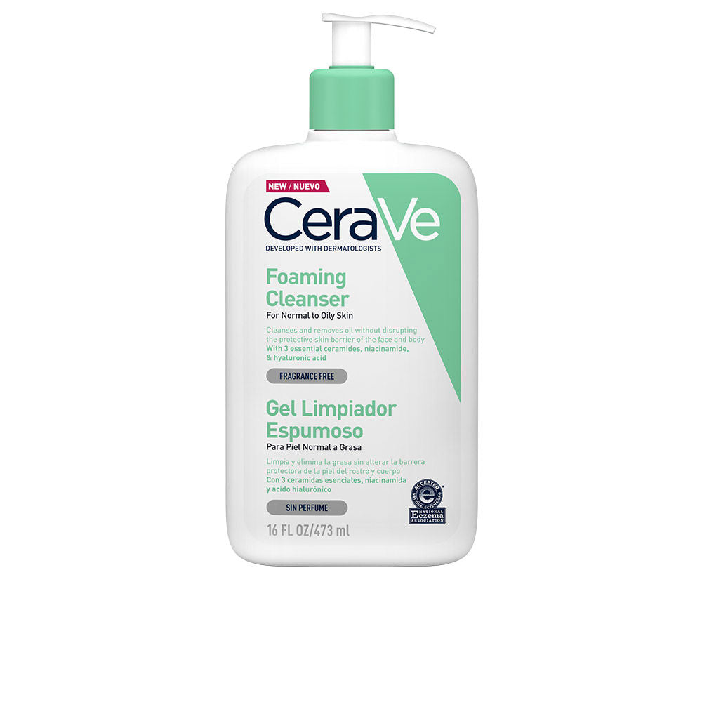 Clear foaming gel cleanser bottle, 473 ml, fragrance-free, ceramides visible