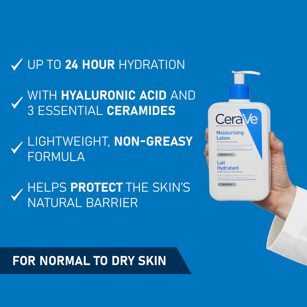236 ml light, non‑greasy hydrating body lotion with three ceramides and hyaluronic acid
