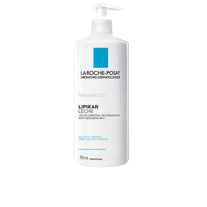 la Roche Posay Rectangular plastic bottle with pump, white body, orange and green blocks, bold label