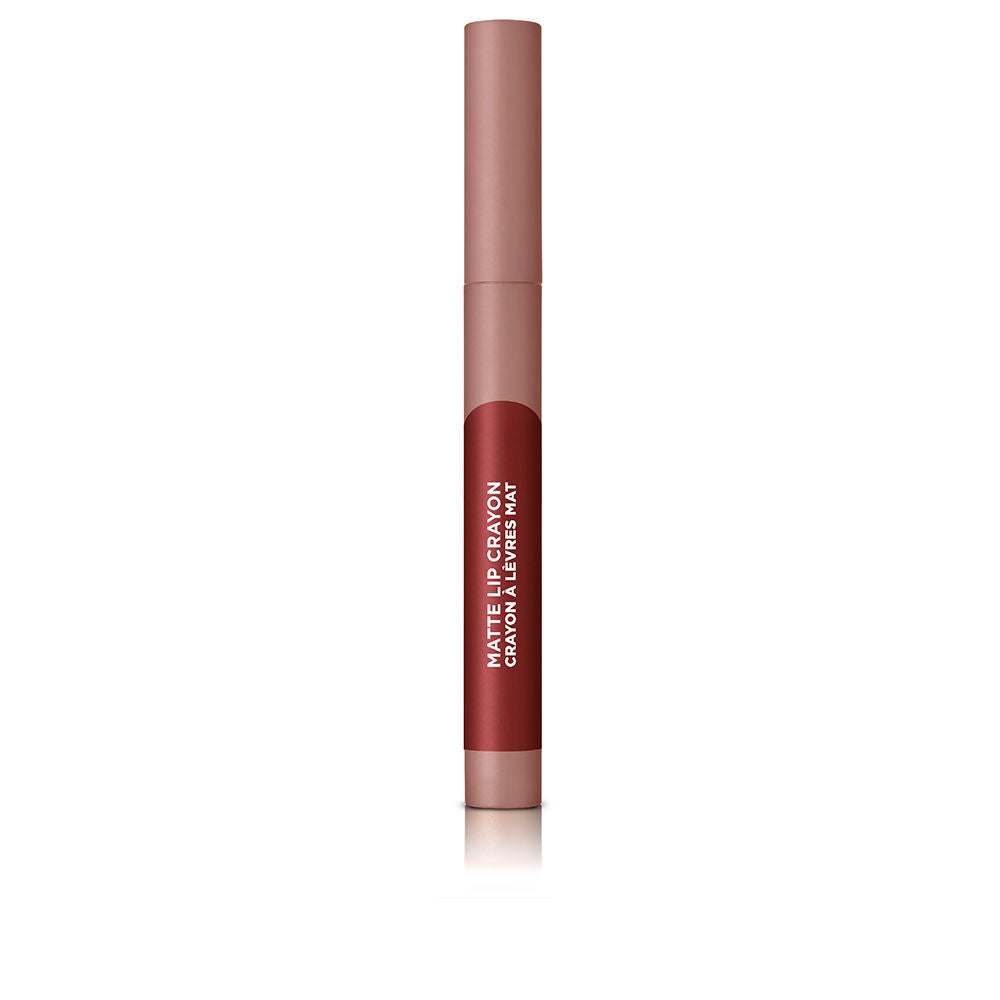 Slim matte lip crayon in warm spice shade, bevelled tip visible, 2.5 g