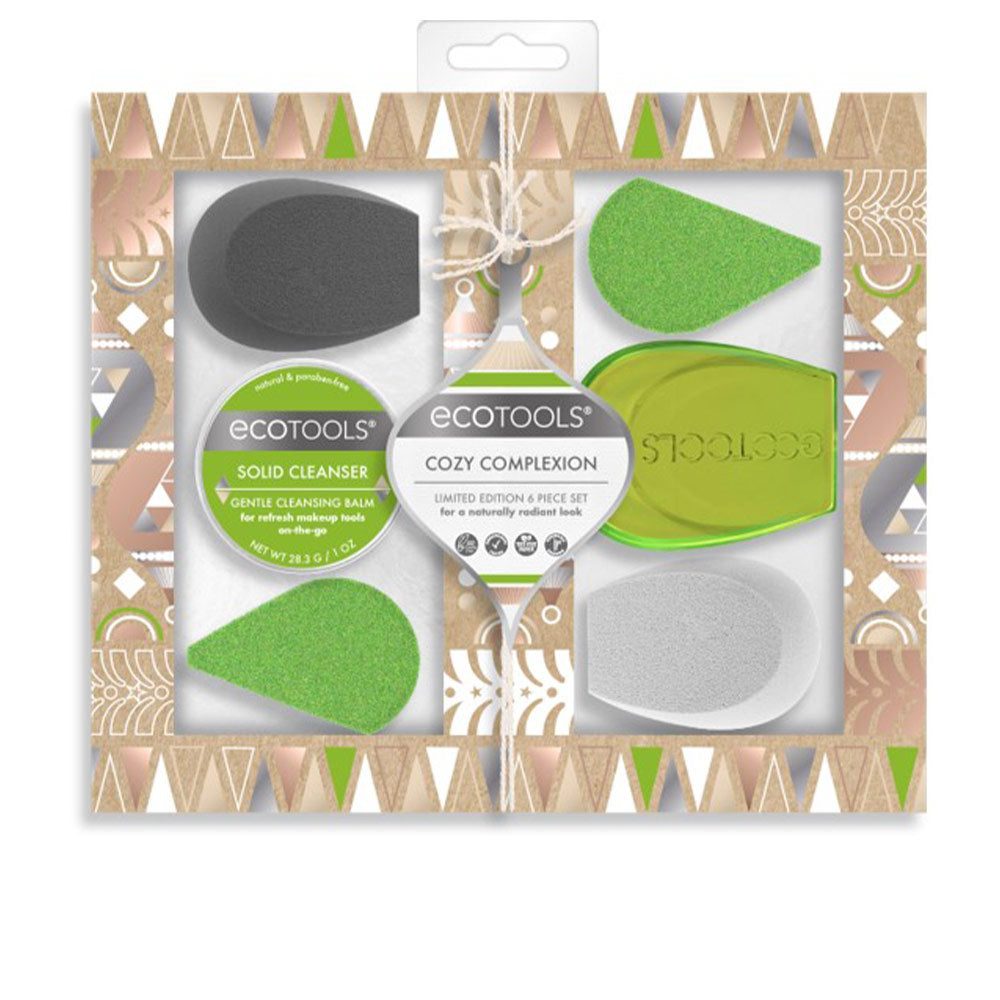 Ecotools Six-piece green, gray, and white foam sponge set with plastic case and solid cleanser balm