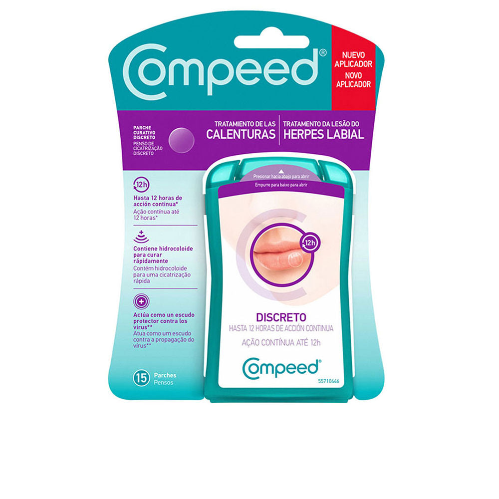 Compeed Teal and purple packaging showing white ultra-thin hydrocolloid cold sore patch adhered to lip, discreet protective shield