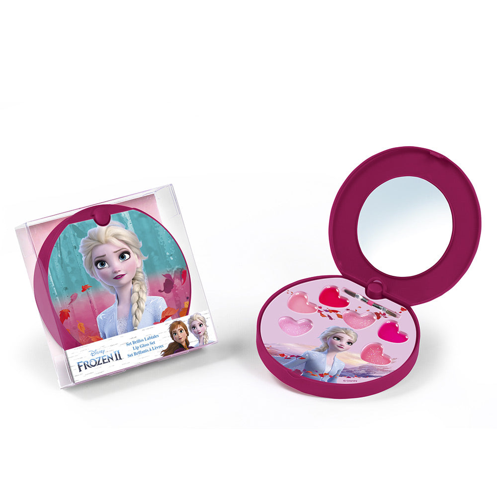 Compact lip gloss set with six iridescent shades and small applicator