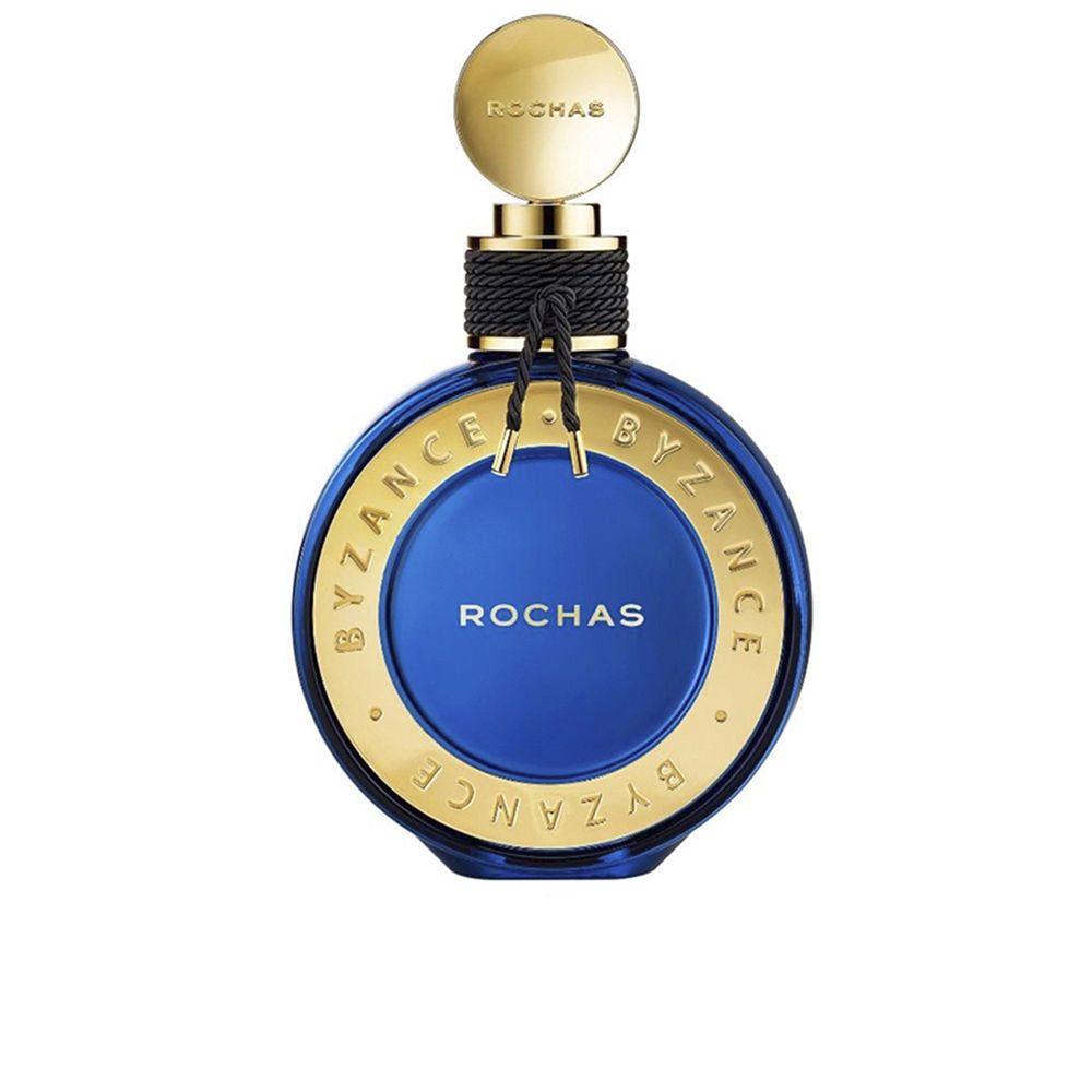 Deep blue jewel-like 90 ml perfume bottle with gold accents, oriental floral fragrance