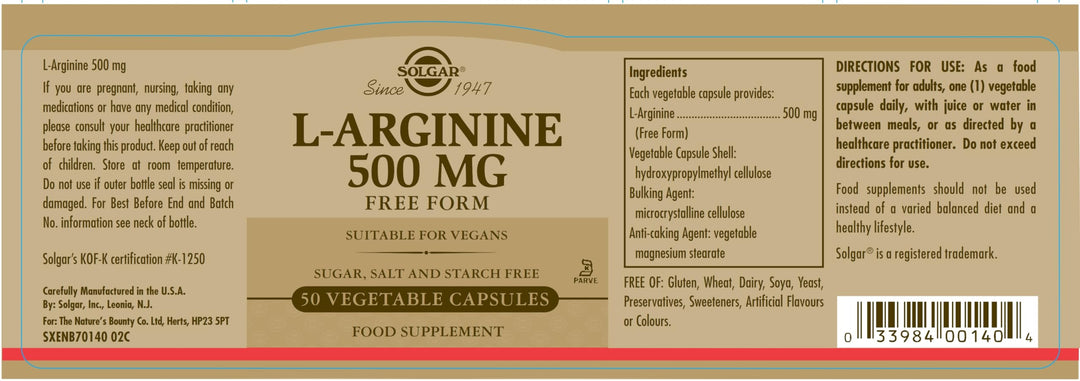 Bottle of 50 vegetable capsules L‑Arginine 500 mg, Unisex supplement