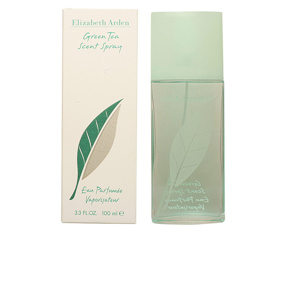 Translucent green 100 ml scent spray bottle with engraved leaf, citrus-green tea fragrance