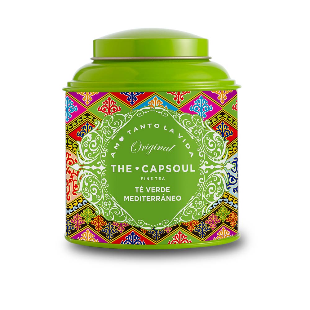 Loose-leaf sencha blend with citrus bark and blue petals in 100 g pack