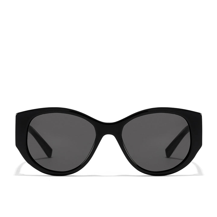 Unisex black polished acetate sunglasses with triangular temples and black lenses