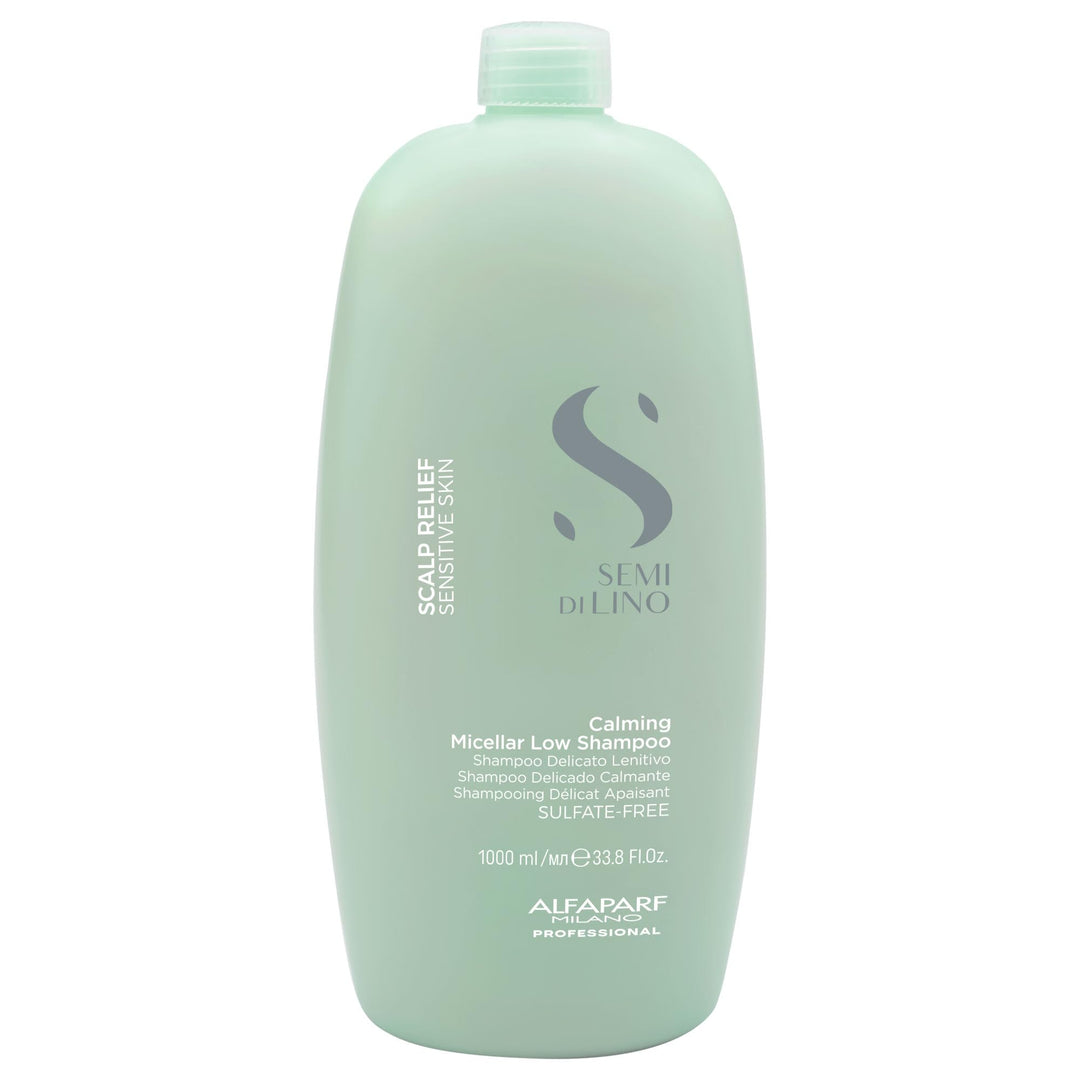 Tall 1000 ml bottle of calming micellar low shampoo for sensitive scalps