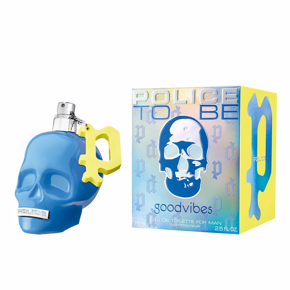 Electric-blue 75 ml eau de toilette bottle with 'P' charm, woody-aromatic scent