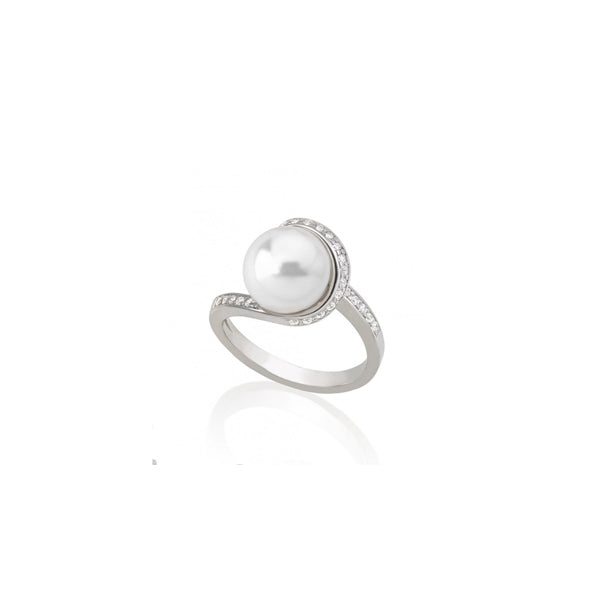 Elegant Pearl and Crystal Silver Ring