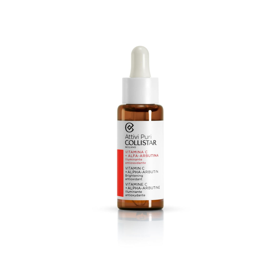 Clear 30 ml dropper serum bottle — vitamin C and alpha‑arbutin formula