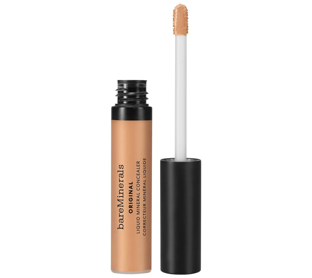6 ml tube of liquid mineral concealer in medium tan, hydrating cream finish