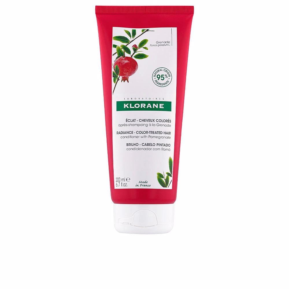 Tube of pomegranate conditioner, 200 ml, creamy formula for colour-treated hair