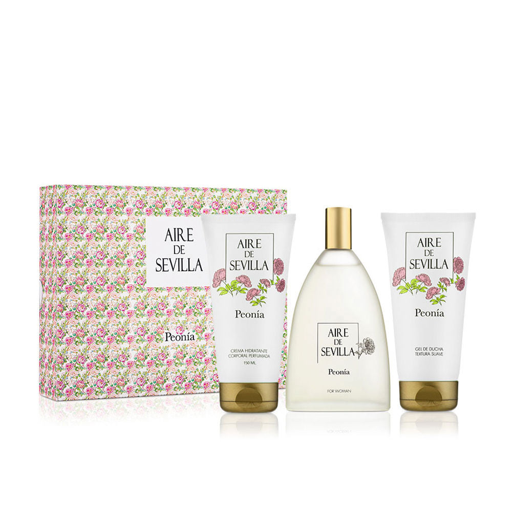 Aire Sevilla Peonía fragrance set with eau de toilette, shower gel, and scented body cream