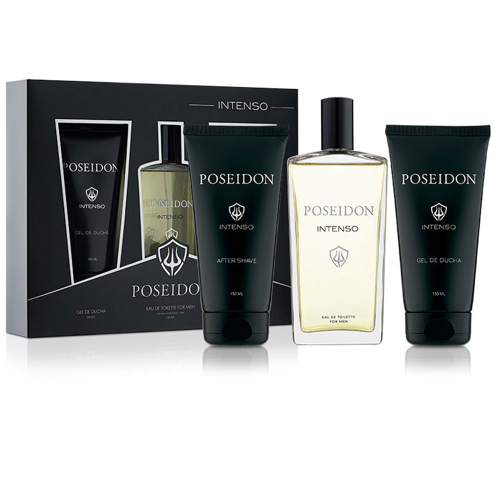 Sleek Poseidon Intense bottle with gold accents, woody amber fragrance for men