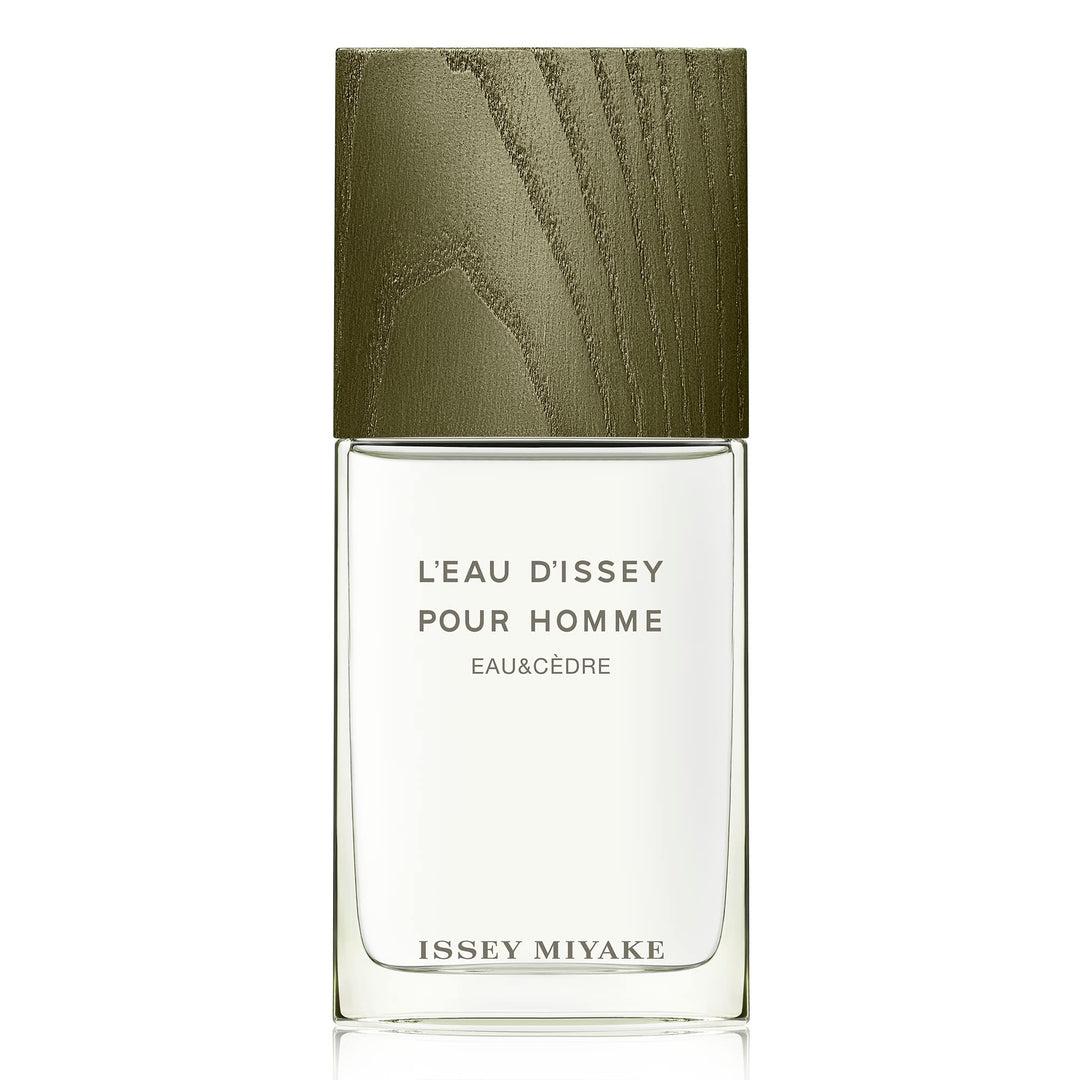 Minimal glass bottle with khaki tone and ash‑wood cap, 100 ml Eau de Toilette Intense