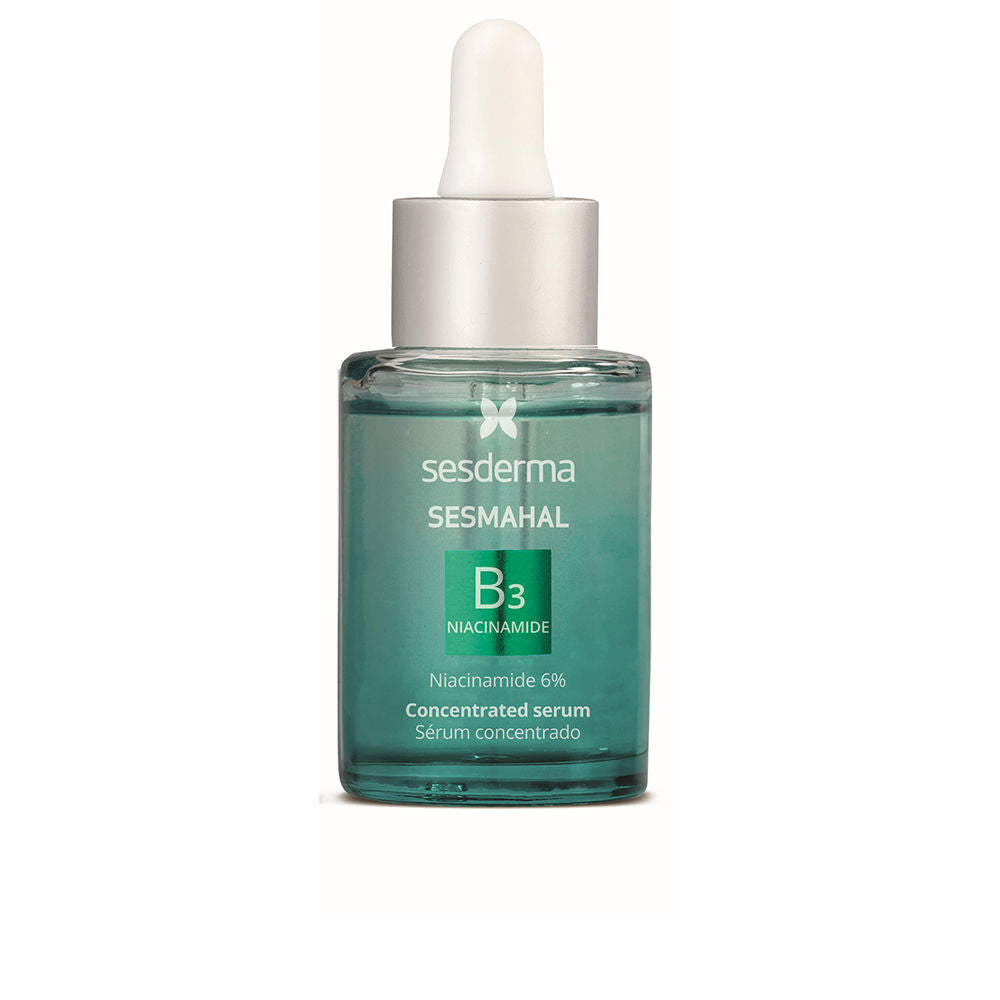Bottle of Sesderma niacinamide and hyaluronic mattifying serum on neutral background