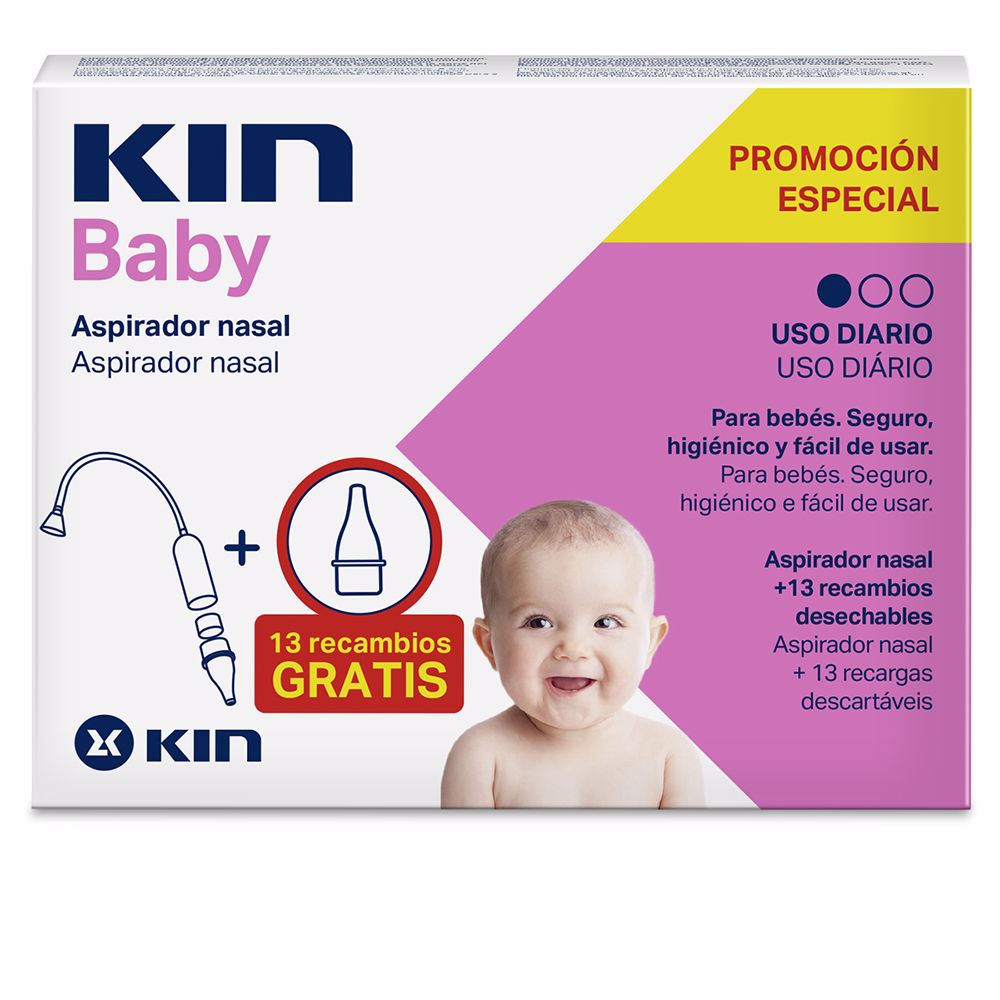 Unisex baby nasal aspirator with silicone tip and spare nozzle, compact white device