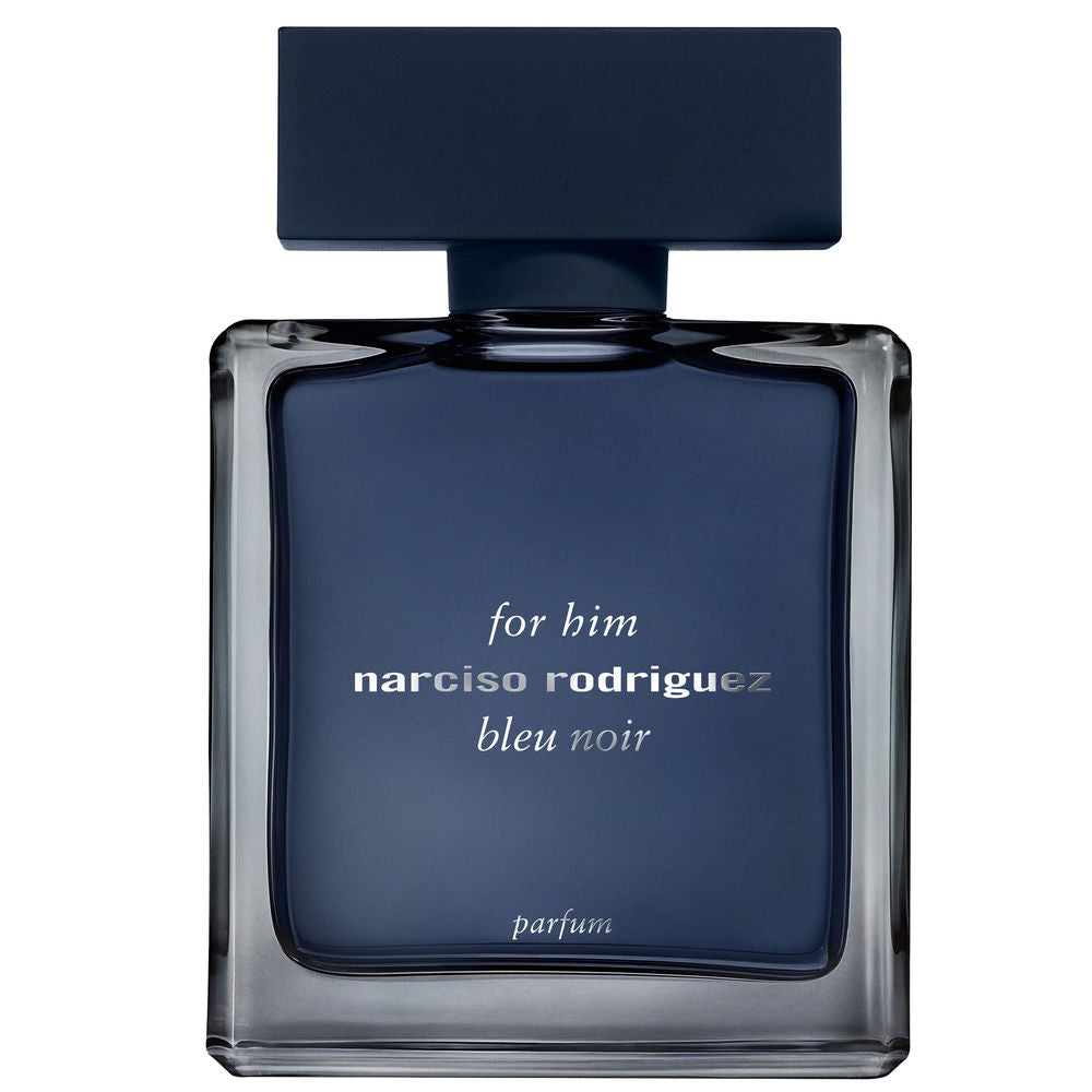 Translucent blue parfum bottle with matte navy cap, 100 ml, woody-oriental scent
