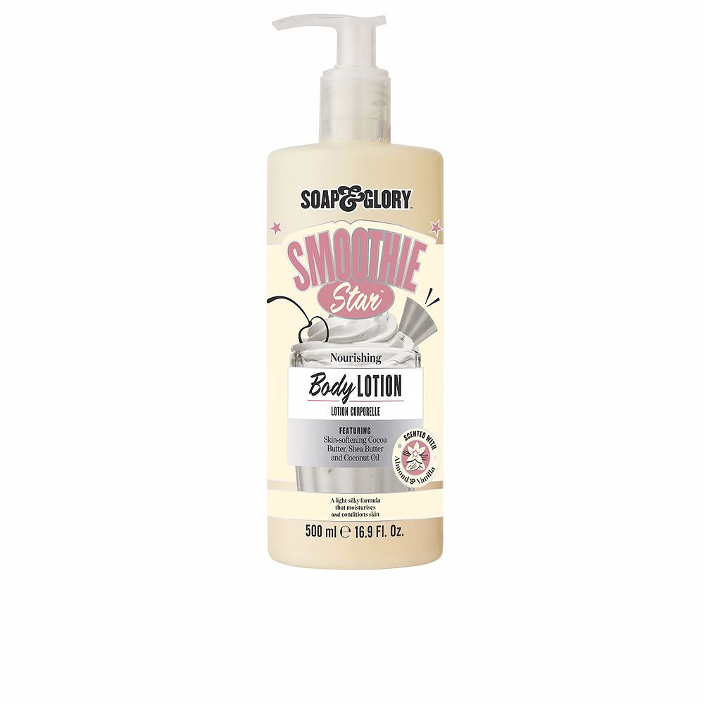 500 ml lightweight cocoa and almond body lotion bottle, velvety cream texture