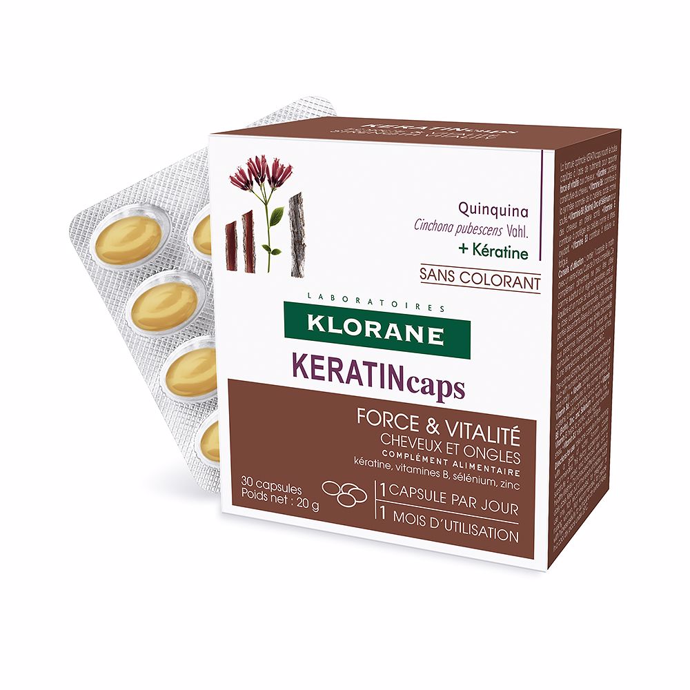 Bottle of 30 dietary supplement capsules for hair, pumpkin seed and quinine formula