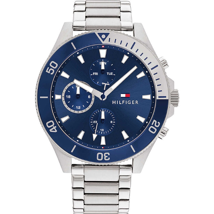 Sleek Silver Chronograph with Blue Dial Precision