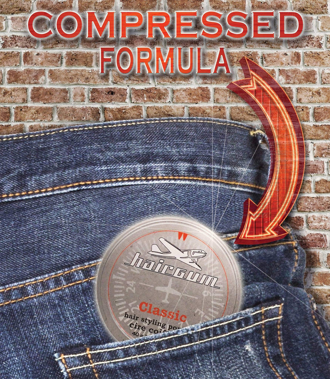 Small 40 g tin of glossy-wax hair pomade with snap lid, compact styling product