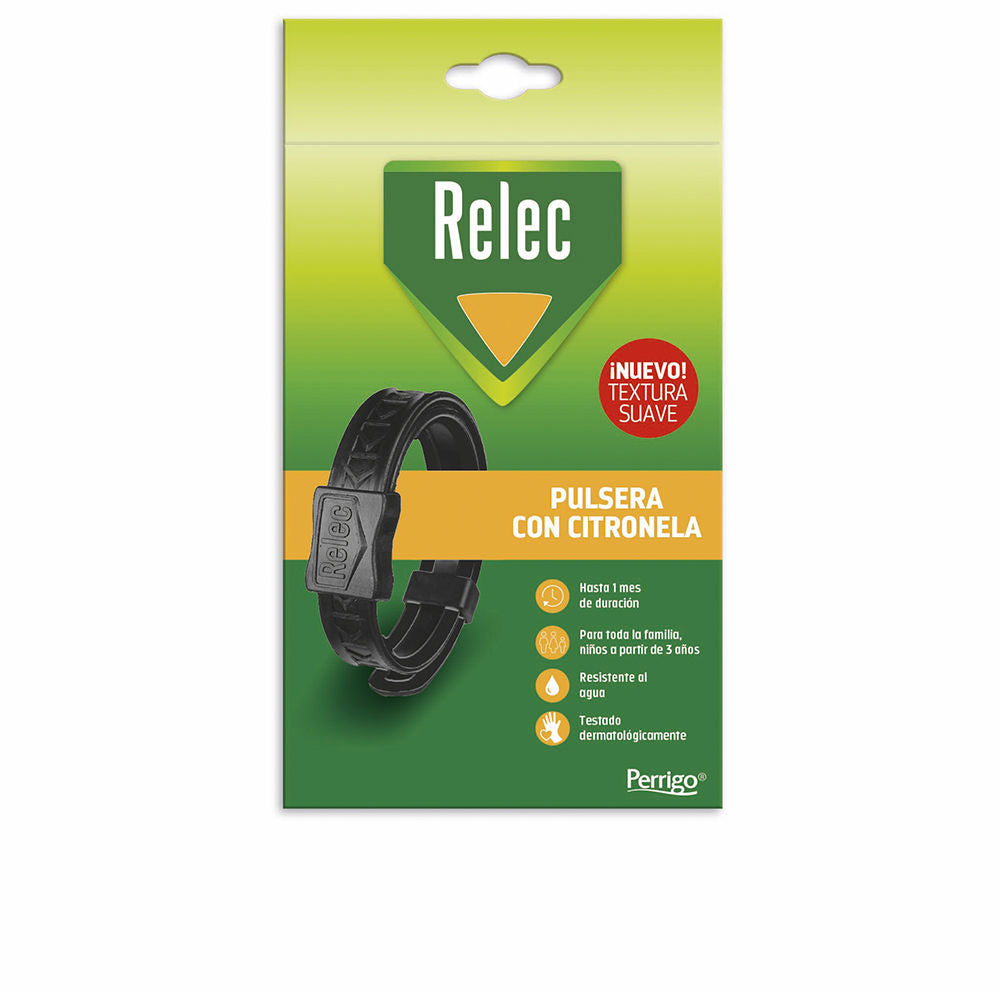 Relec Black adjustable citronella bracelet with textured band and rectangular clasp, shown on wrist
