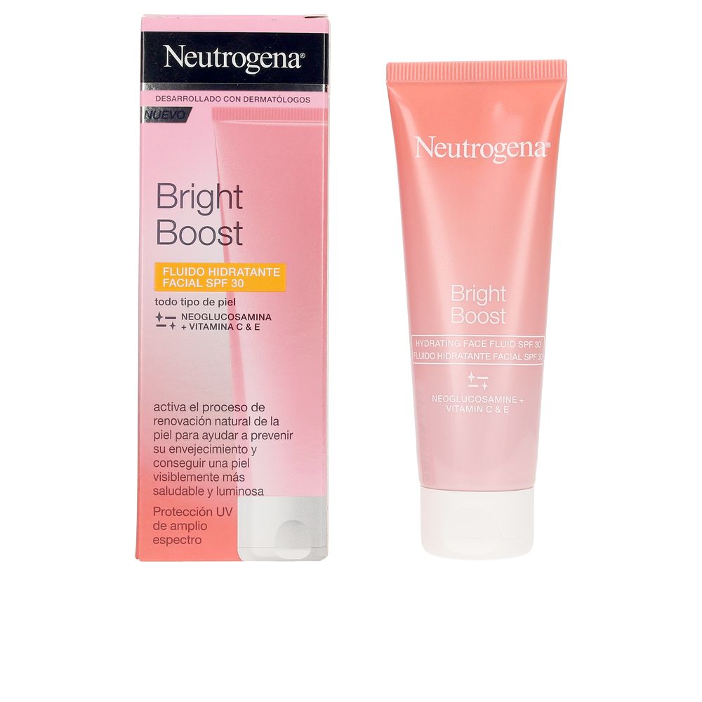 50 ml lightweight hydrating facial fluid in pump bottle, SPF 30, labelled Bright Boost