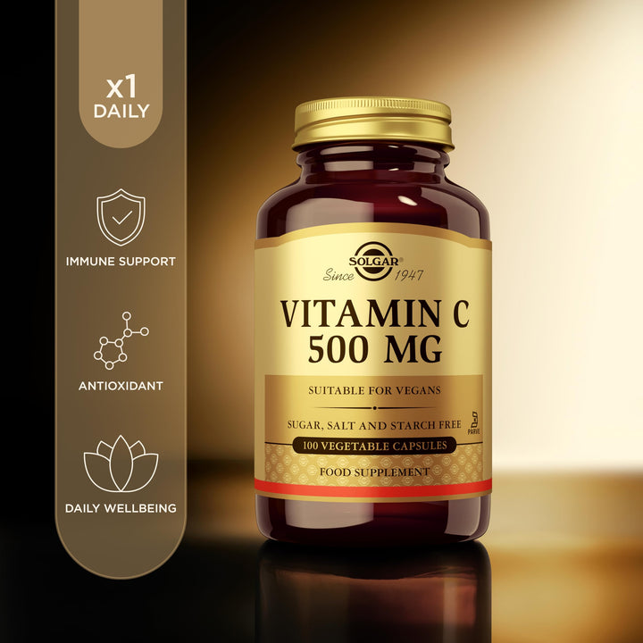 Bottle of 100 vegetable vitamin C capsules, 500 mg per capsule, vegan, Unisex