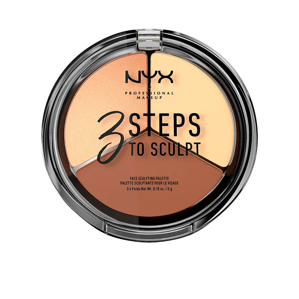 Compact contour palette with three shades: deep, matte mid, satin highlight