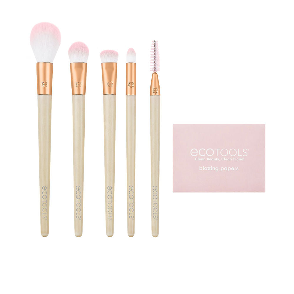 Ecotools Set of five eye brushes with light wood handles, rose gold ferrules, pink-tipped synthetic bristles, plus rectangular blotting papers