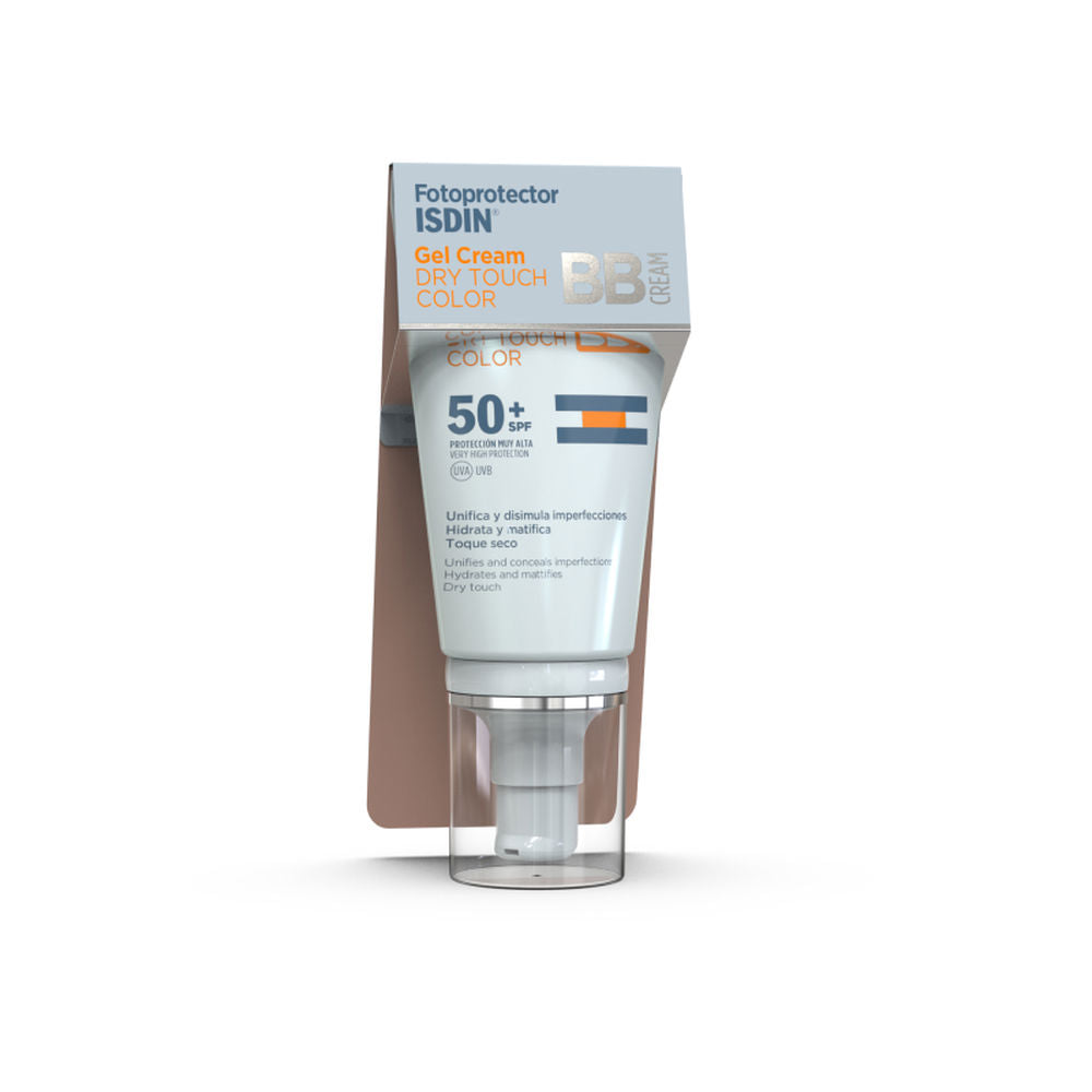 50 ml tinted dry‑touch BB cream tube, matte finish, SPF 50+