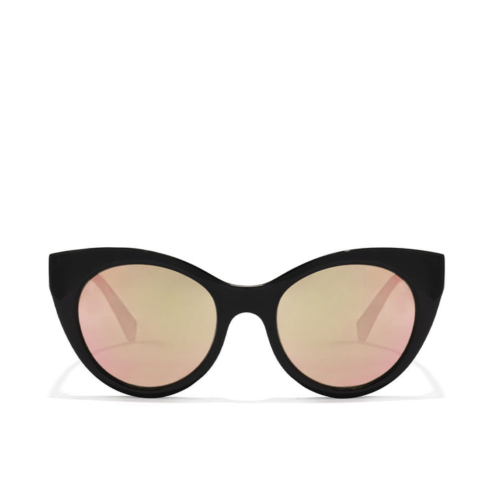 Glossy black cat‑eye sunglasses with rose‑gold polarised lenses, TR90 frame, microfibre pouch