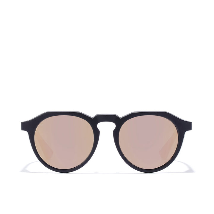 Matte black round Unisex sunglasses with lilac mirror polarised lenses, slim bridge